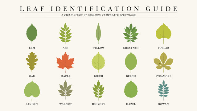 A botanical illustration displaying various leaf shapes and colors against a white background leaves foliage botany flora plant