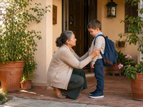 Grandmother reassures young boy before his first school day
