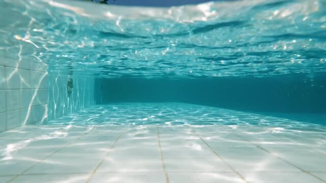 Dynamic view from below the refreshing water, revealing the pristine pool floor and dancing light patterns, an inviting aquatic environment for relaxation and leisure