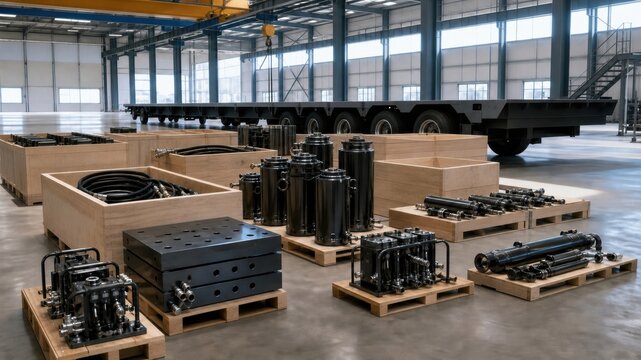 Industrial warehouse with equipment and materials organized on pallets
