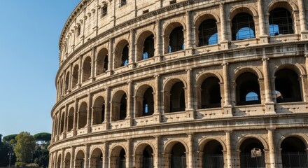 Obraz premium Majestic Exterior View of the Ancient Roman Colosseum with Arched Facade under a Clear Blue Sky in Rome, Italy