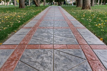 Obraz premium The Stone Tiled Path Through a Park with Red Brick Borders