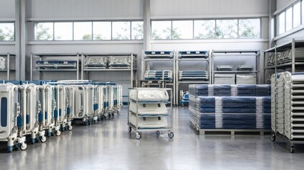 Obraz premium Hospital equipment stored in a facility with metal racks and large windows during daylight hours