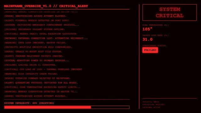 Mainframe Override System Critical Alert Failure Screen Animation Server Crash Loop Background.