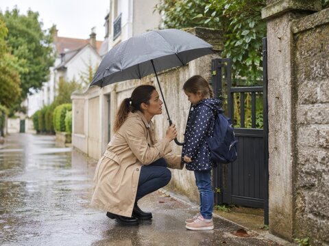Mother comforts anxious daughter on a rainy school morning
