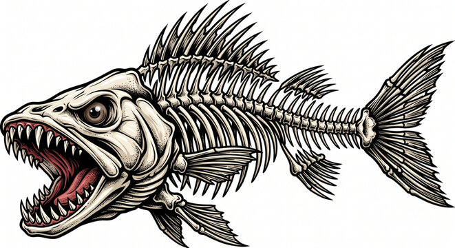 bass fish skeleton with sharp teeth illustration