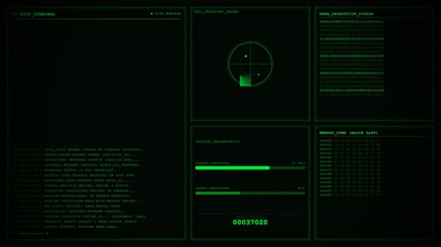 Root Terminal Cyber Security Threat Analysis Screen Animation Data Encryption Loop Background.