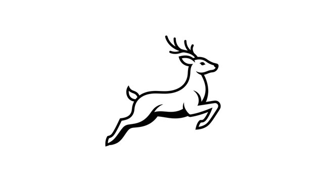 Minimalist black and white line of a jumping deer with antlers, representing wildlife, nature, hunting, or outdoor adventure themes