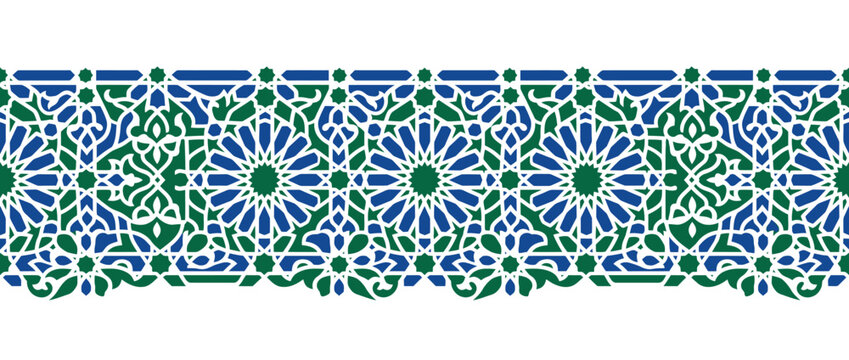 Intricate Moroccan Geometric Pattern Border Tile - Blue and Green