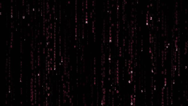 Digital characters falling across black background vertical motion, static view, pink, neon