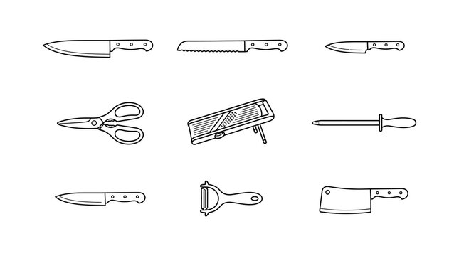 Set of kitchen utensils and cutlery including various knives, scissors, a mandoline slicer, a sharpening rod, and a vegetable peeler
