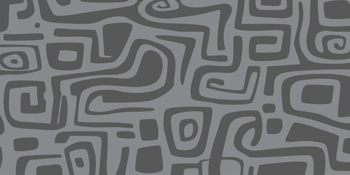 Abstract seamless tribal maze pattern in monochrome grey, hand drawn ethnic doodle texture background vector illustration.