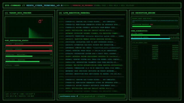 Nexus Cyber Terminal Hacker Execution Screen Animation Data Decryption Loop Background.