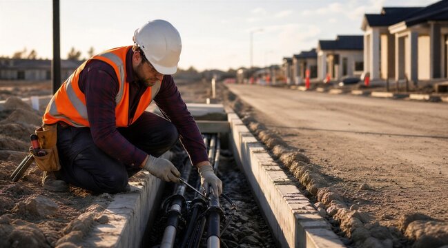 Construction Worker Installing Utility Cables in Roadside Trench
