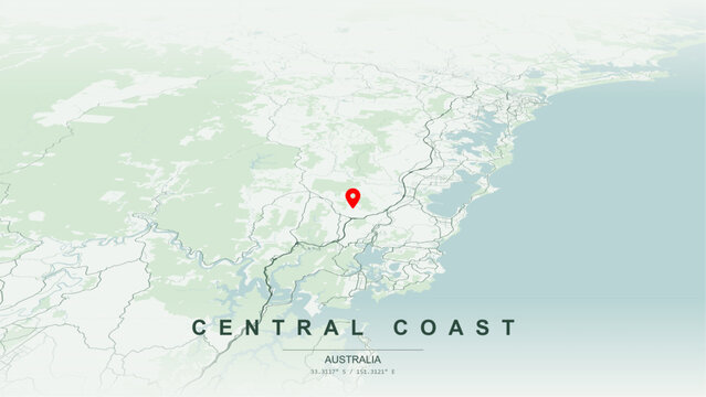 Modern minimalist vector map of Central Coast, New South Wales. High-quality scalable illustration of Central Coast geographic boundaries along Tuggerah Lakes, Brisbane Water for posters design.