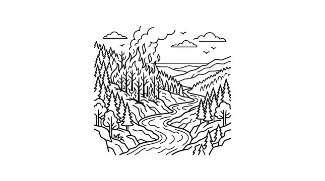Creative Black and White Forest Fire Showing Burning Trees Smoke and Winding Paths Under a Sky with Clouds