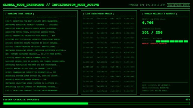 Global Node Dashboard Infiltration Mode Hacker Terminal Animation Data Decryption Loop Background.