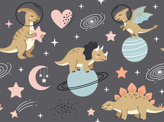 Seamless pattern of cute cartoon astronaut dinosaurs in space with planets and stars for kids nursery decor. © Archii