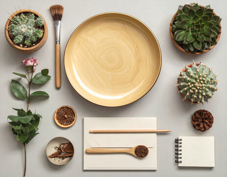Flat lay composition with wooden plate plants and stationery