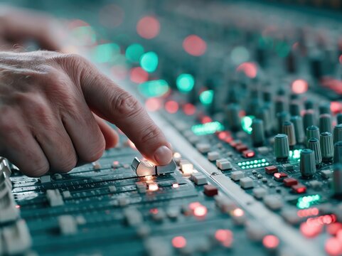 Close-up of a hand adjusting a fader on a professional audio mixing console