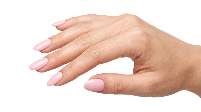 Female hand with pink almond shaped manicure showing healthy skin and professional beauty salon nail care.