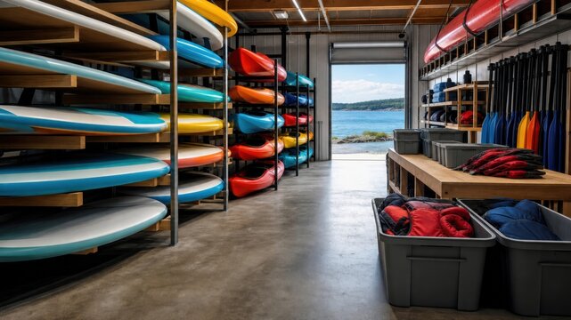 Kayak and paddleboard rental shop near water with kayaks and gear stored inside