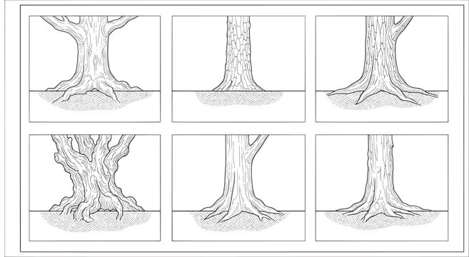 Set of tree trunk bases with various root structures and bark textures