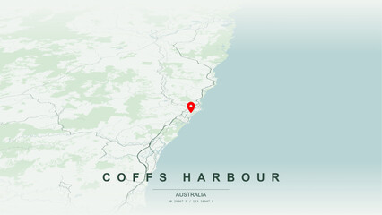 Obraz premium Minimalist vector map of Coffs Harbour, New South Wales. High-quality scalable illustration of Coffs Harbour geographic boundaries along Coffs Creek contours, Jetty Beach coastline for posters design.