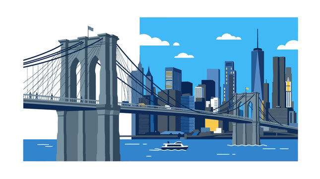 Brooklyn Bridge NYC Skyline Flat Design Vector Illustration