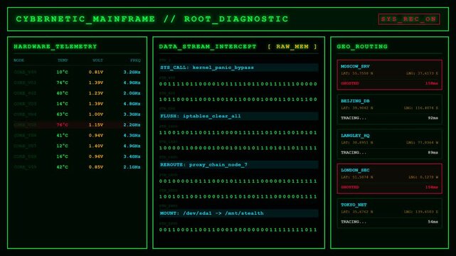 Cybernetic Mainframe Root Diagnostic Hacker Terminal Animation Global Network Loop Background.