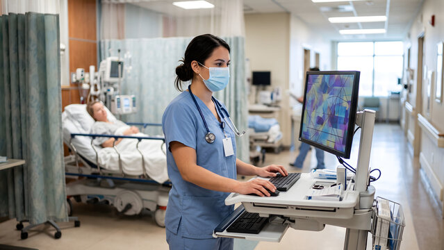 Nurse working on computer workstation in hospital hallway with patient in bed