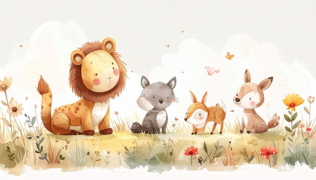 Cute watercolor safari and woodland baby animals for kids room