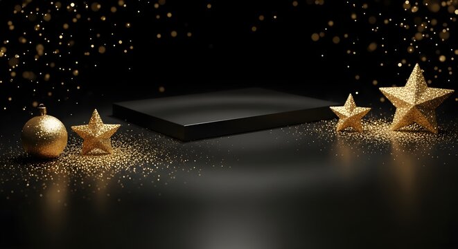 Empty black podium with gold stars. Product display stage for luxury Christmas marketing.