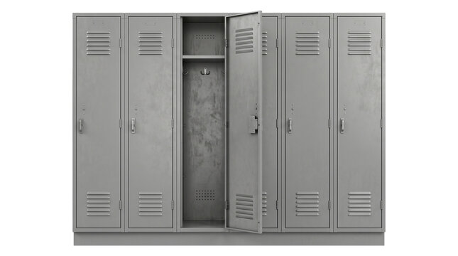 Row of gray metal lockers with one door open isolated on transparent background png storage facility unit.