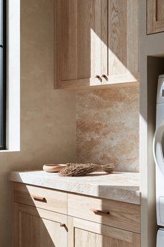 Quiet luxury laundry room corner featuring warm greige cabinetry, natural stone countertop, and decorative elements, illuminated by soft natural light from a nearby window