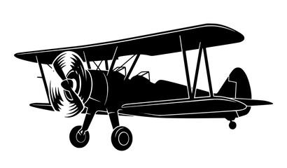 Classic Vintage Biplane Black Silhouette Vector Illustration Isolated on White Background for Aviation History Retro Logo and Graphic Design © MDShahinuddin