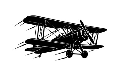 Historic Biplane Climbing Flight Black Silhouette Vector Isolated on White Background for Aviation Heritage Emblems Posters and Branding © MDShahinuddin