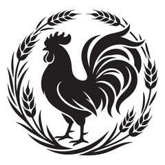 Rooster symbol inside decorative wreath of wheat stalks illustration for farm and rustic logo design. © MdEashad