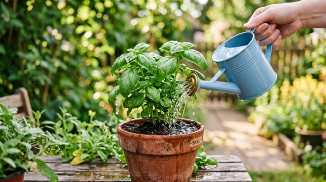 Person watering a basil plant in a garden. Home gardening hobbyist caring for fresh herbs.