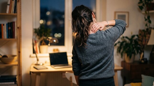 Woman suffering from neck pain at home. Tired freelancer feeling muscle strain after work.
