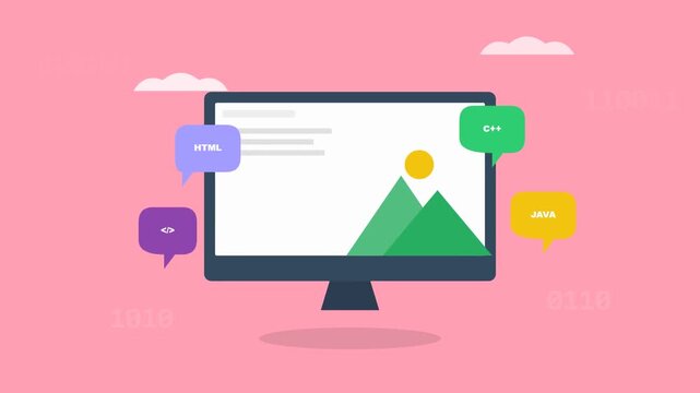 Modern computer monitor with chat bubbles and mountain icon on pink background.