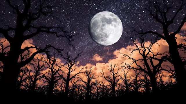 Spooky Forest Silhouette Under Full Moon and Starry Night Sky - A full moon shines brightly in a starry night sky, illuminating the silhouettes of a dense, spooky forest.