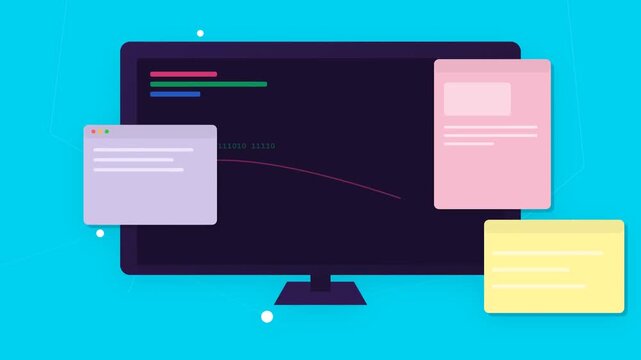 Modern computer monitor with floating documents on turquoise background.
