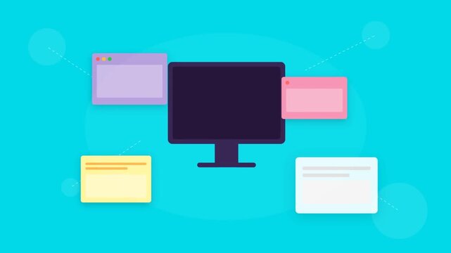 Modern computer monitor with colorful sticky notes on teal background.