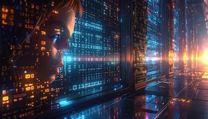 Fototapeta premium Human profile observing digital data matrix and binary code.