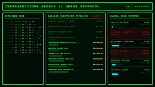 Infrastructure Breach Ransomware Attack Hacker Terminal Animation Global Network Loop Background.