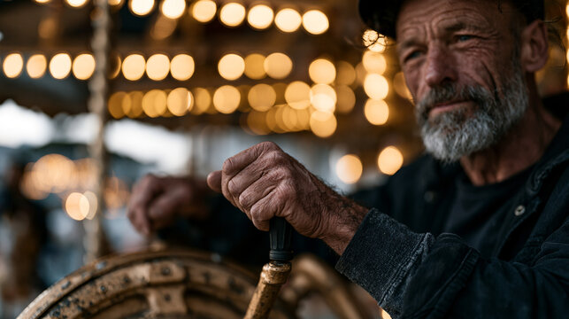 A carnival ride operator at candlelit fairground close up, hands gripping the control lever of an aged carousel mechanism, unfiltered morning face energy translated into night