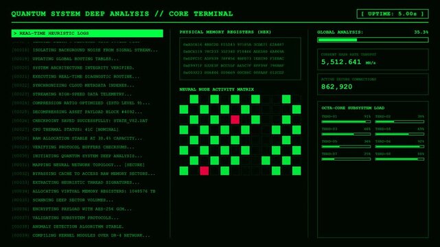 Quantum System Deep Analysis Core Terminal Animation Data Processing Loop Background.