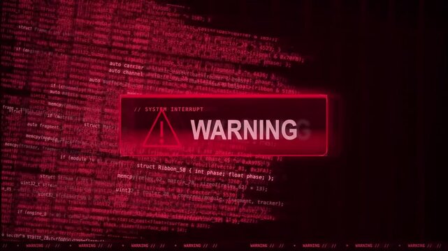Warning sign flashing over red code background with motion blur, moving, centered, glitch