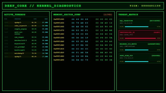 Deep Core Kernel Diagnostics Threat Detection Terminal Animation Cyber Security Loop Background.